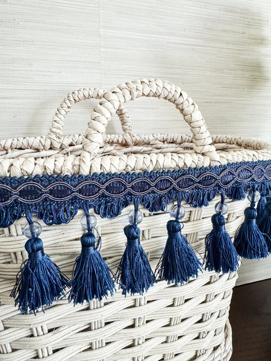 The Riviera — White Wicker Tote with Navy Tassel Trim