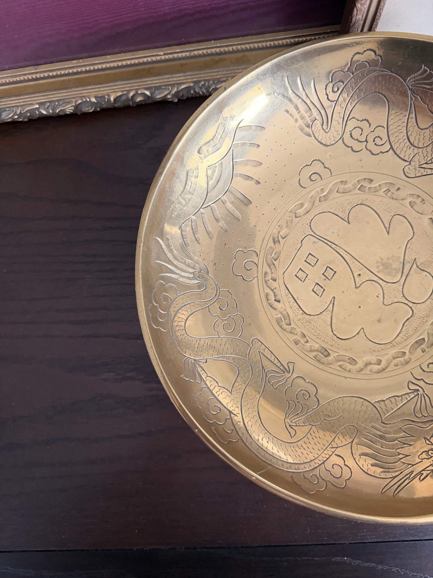The Fu — Vintage Chinese Etched Brass Bowl on Carved Stand