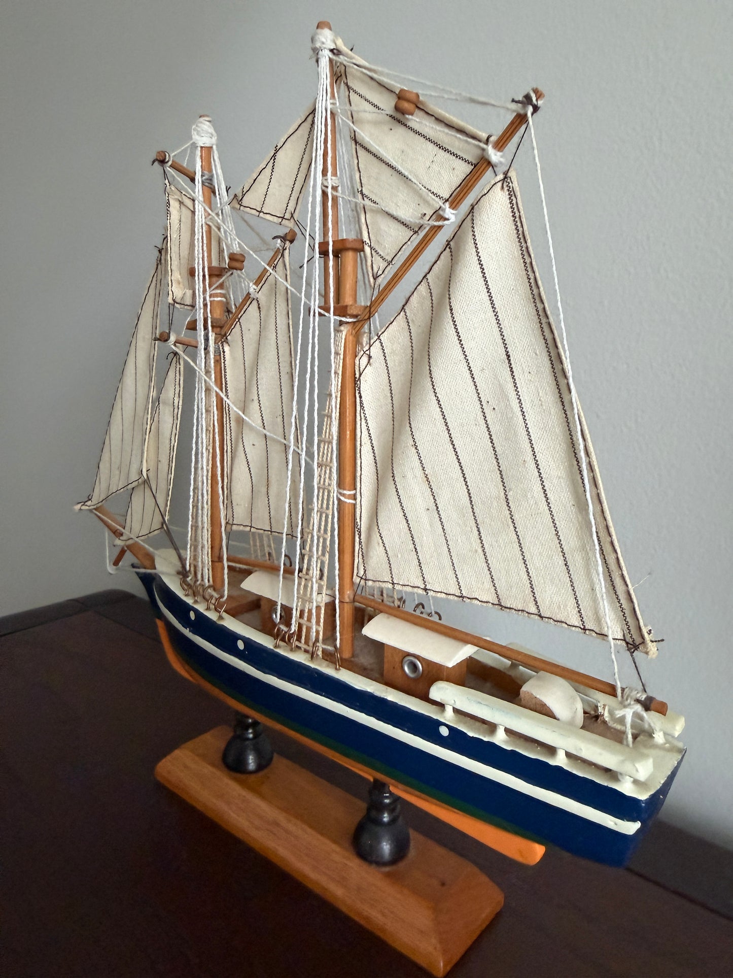 The Schooner — Vintage Model Sailboat on Wood Stand