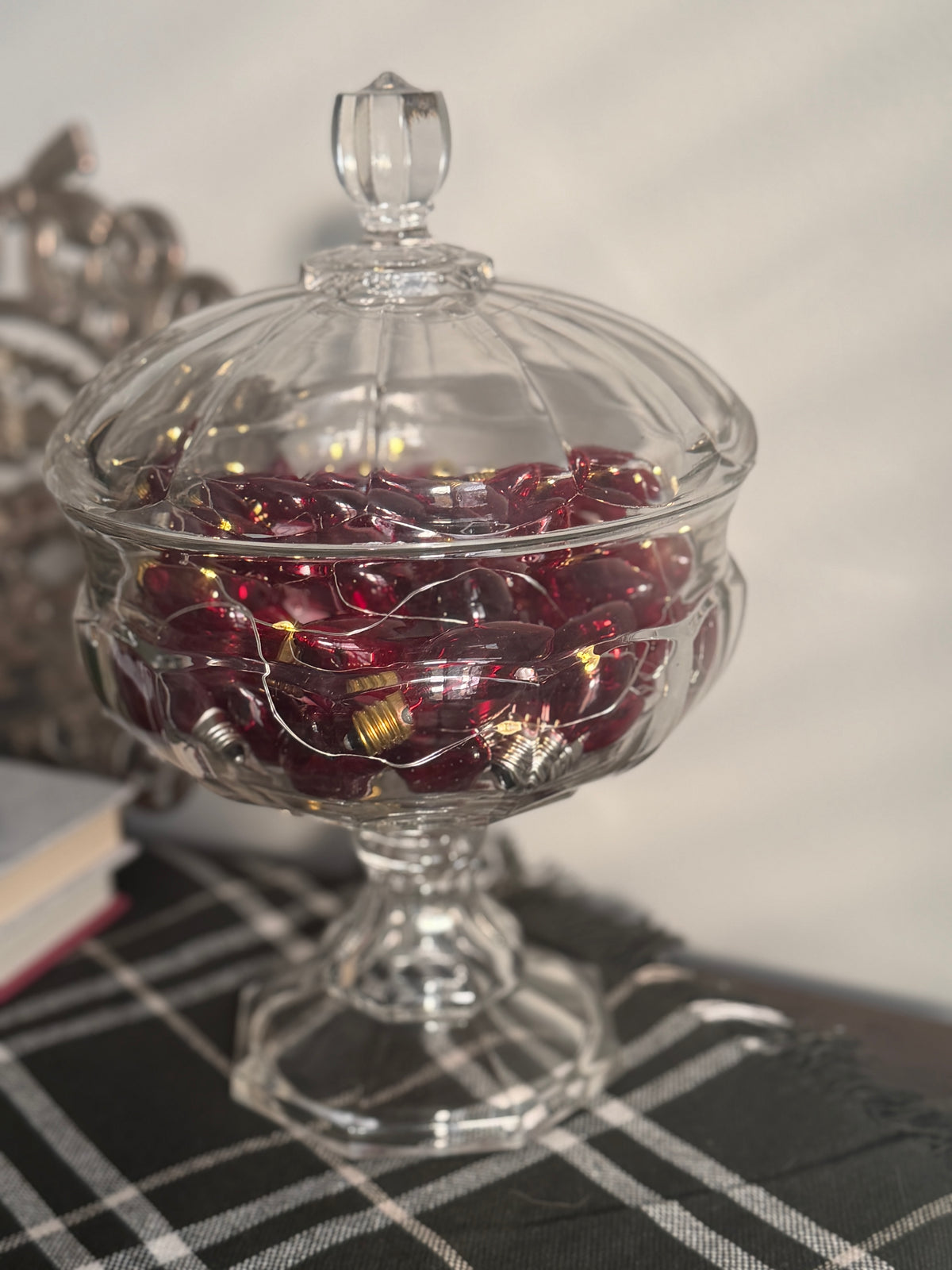 The Porch Lights — Vintage Red Christmas Bulbs in a Lidded Glass Compote