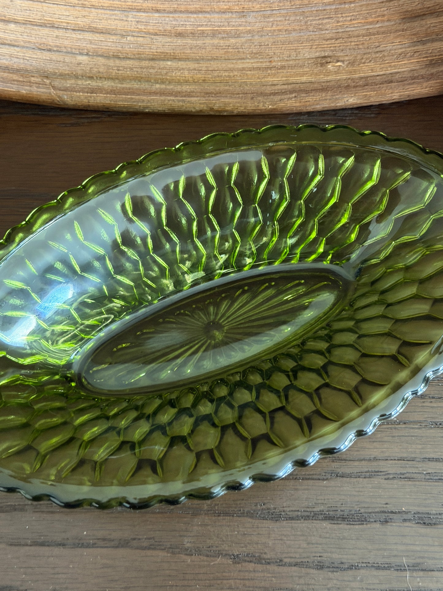 The Fern — Green Pressed Glass Relish Dish