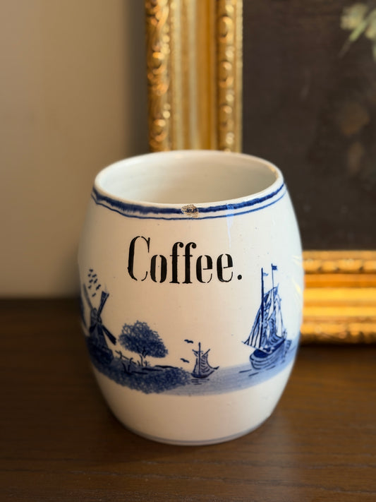 The Coffee Jar — Antique Blue and White "Coffee." Canister
