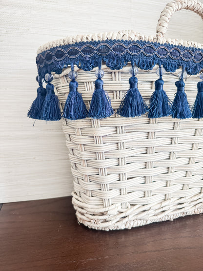 The Riviera — White Wicker Tote with Navy Tassel Trim