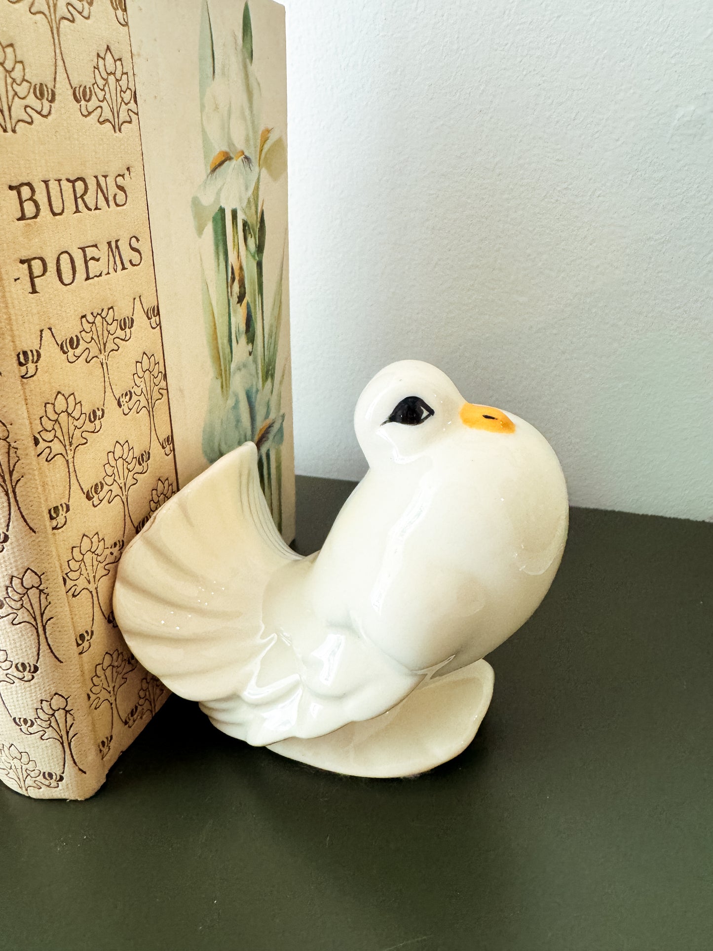 Wings & Words — Vintage Ceramic Dove Bookends with Four Antique Books
