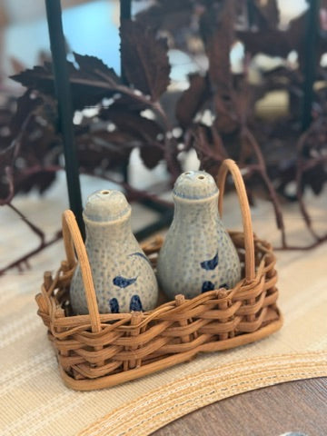 The Pantry Pair — Vintage Stoneware Salt and Pepper Shakers in Basket