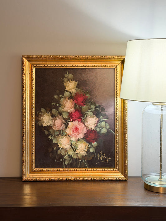 The Bouquet — Signed Vintage Oil Painting, Roses in Gilt Frame