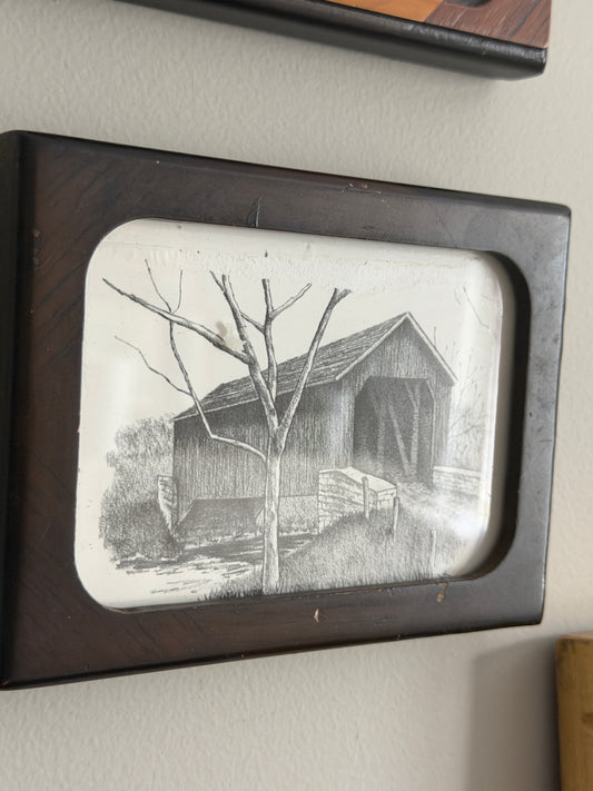 The Crossing — Vintage Framed Pen-and-Ink Covered Bridge
