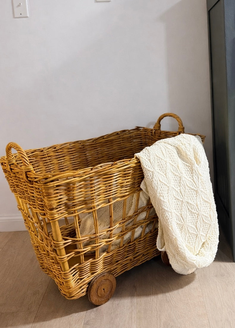 The Rolling Basket — Large Vintage Wicker Basket on Wooden Wheels