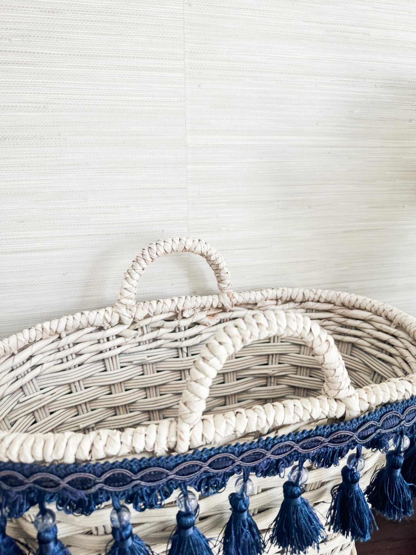 The Riviera — White Wicker Tote with Navy Tassel Trim
