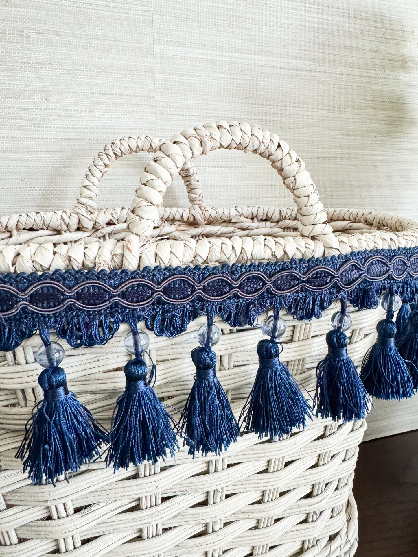 The Riviera — White Wicker Tote with Navy Tassel Trim