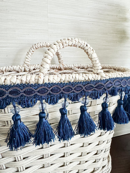 The Riviera — White Wicker Tote with Navy Tassel Trim