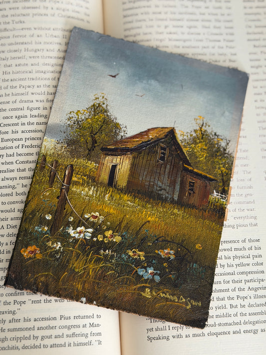 The Back Forty — Vintage Barn Oil Painting on Board