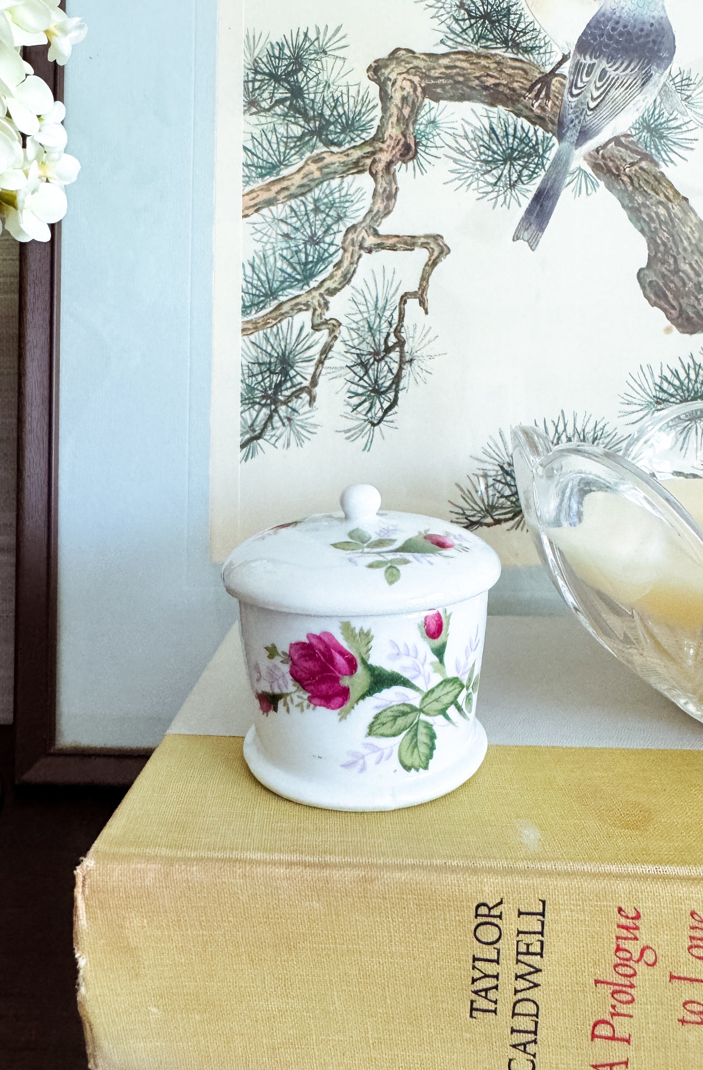The Keepsake — Floral Lidded Jar with Vintage Stamps