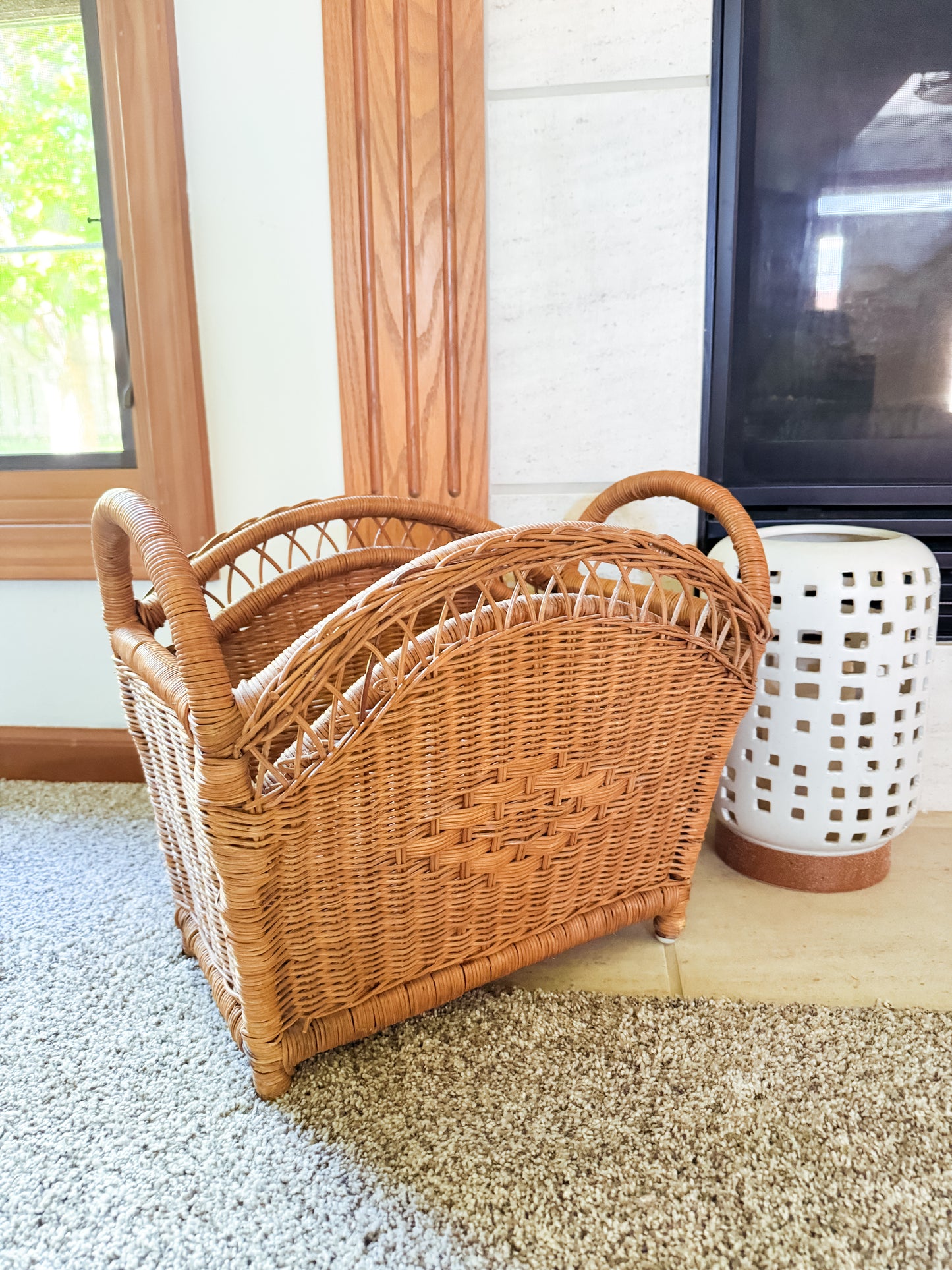 Vintage Wicker Magazine Rack | Rattan Storage Basket