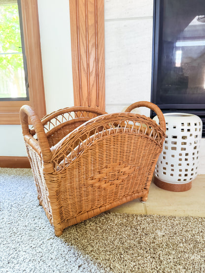 Vintage Wicker Magazine Rack | Rattan Storage Basket