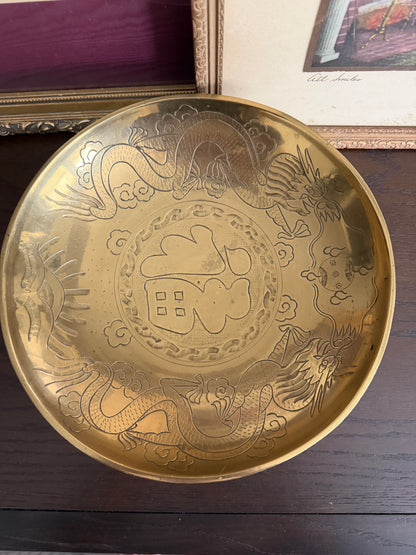 The Fu — Vintage Chinese Etched Brass Bowl on Carved Stand