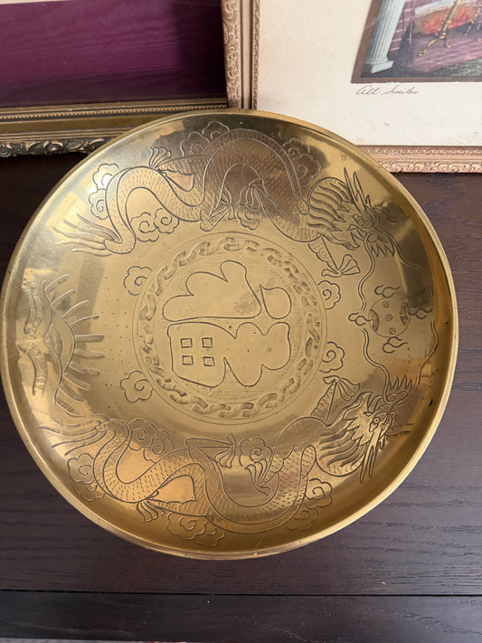 The Fu — Vintage Chinese Etched Brass Bowl on Carved Stand