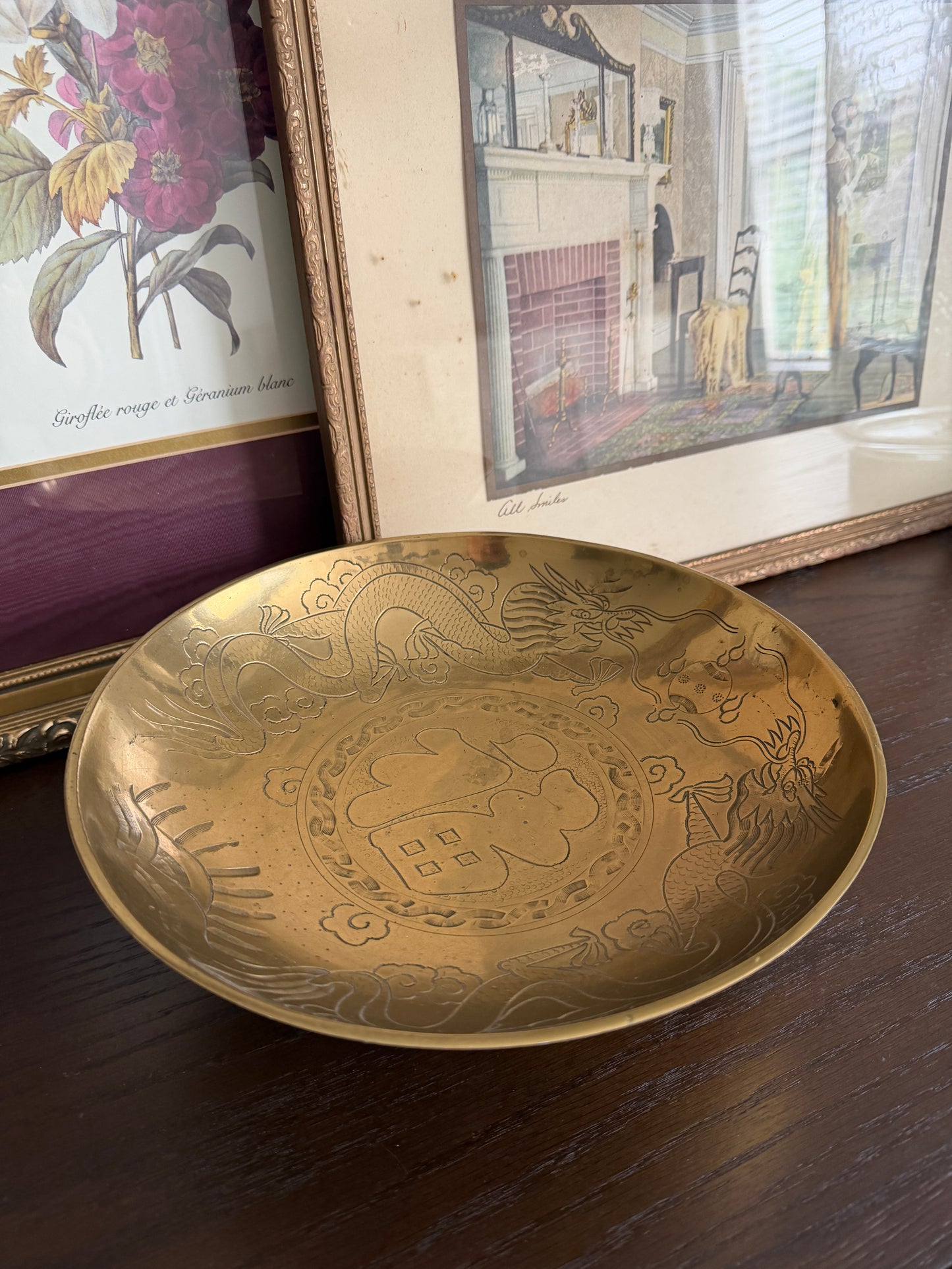 The Fu — Vintage Chinese Etched Brass Bowl on Carved Stand