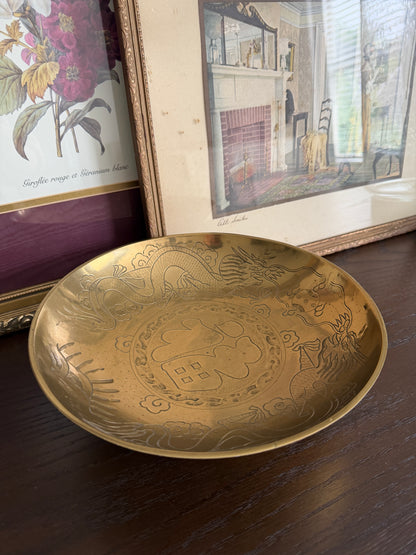 The Fu — Vintage Chinese Etched Brass Bowl on Carved Stand