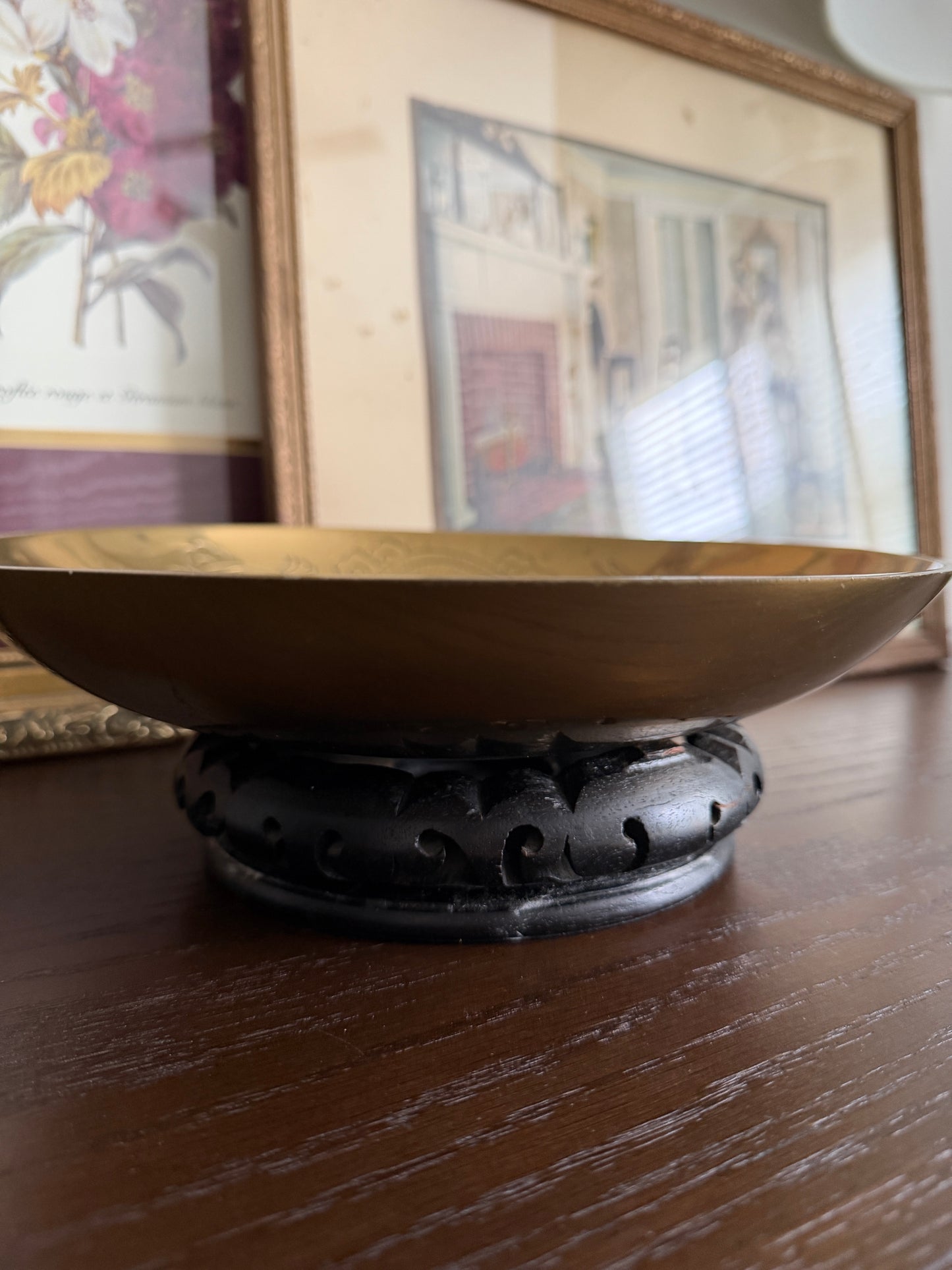 The Fu — Vintage Chinese Etched Brass Bowl on Carved Stand