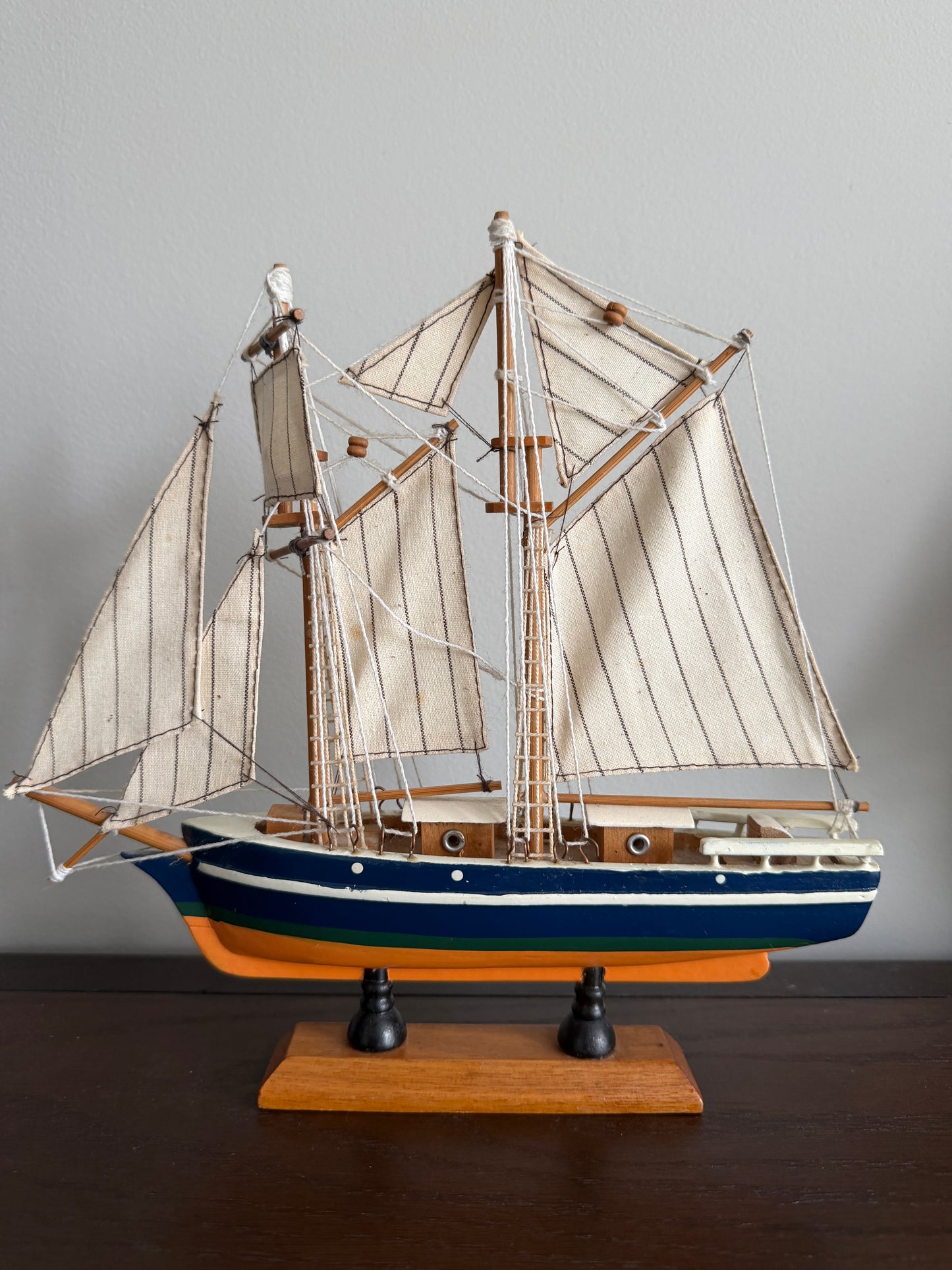 The Schooner — Vintage Model Sailboat on Wood Stand