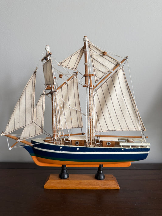 The Schooner — Vintage Model Sailboat on Wood Stand