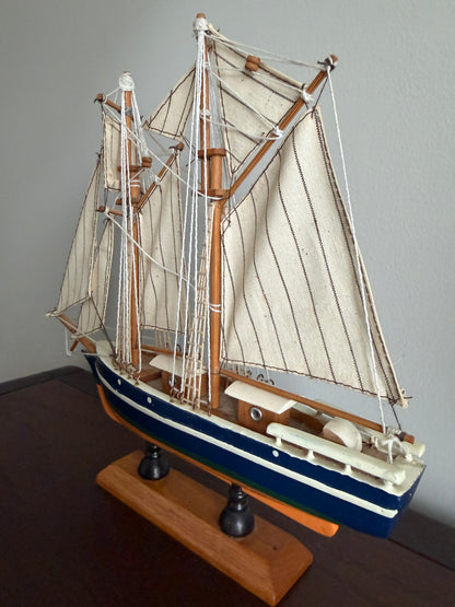 The Schooner — Vintage Model Sailboat on Wood Stand