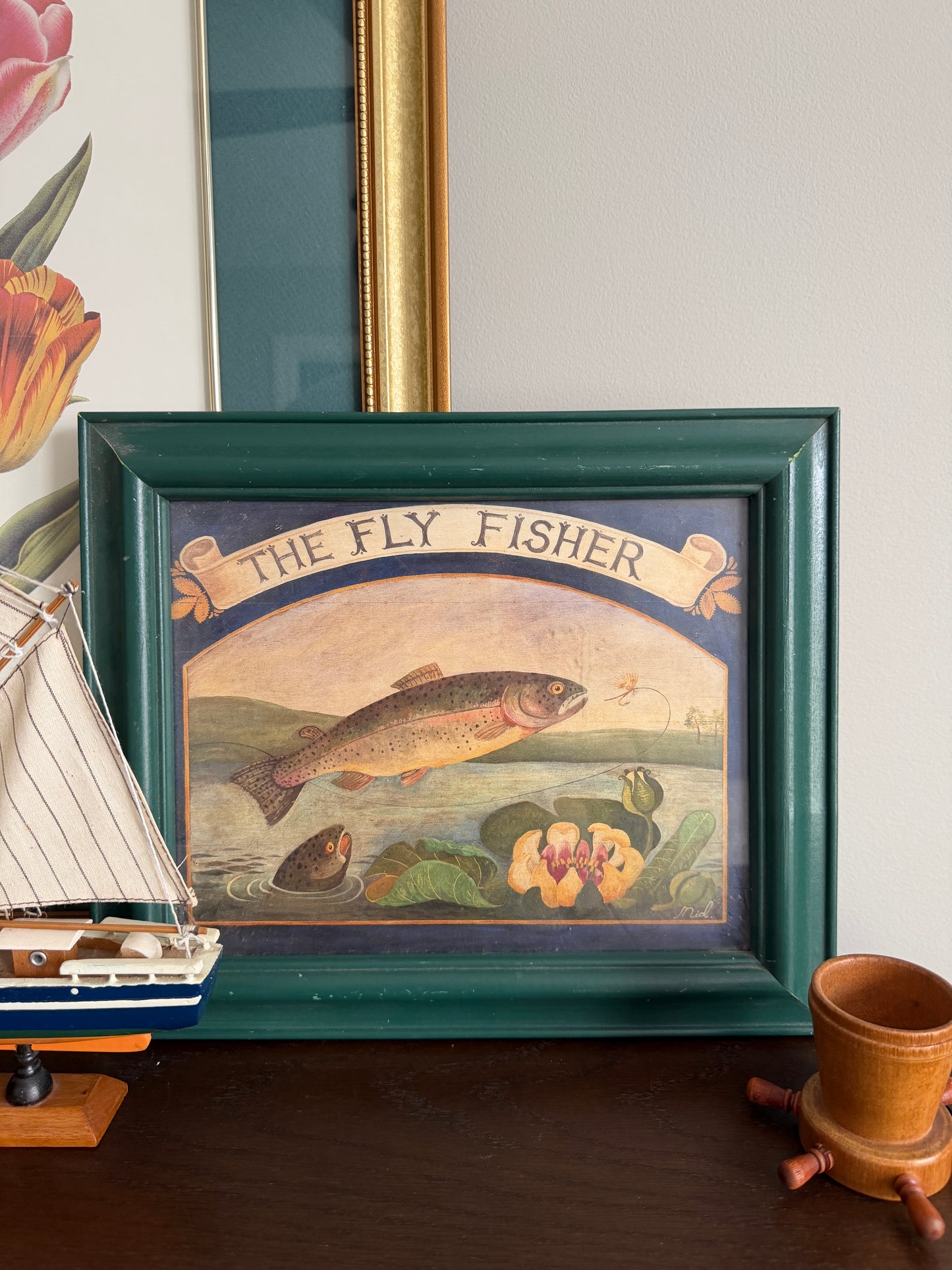 The Fly Fisher — Vintage Framed Lodge Art Print