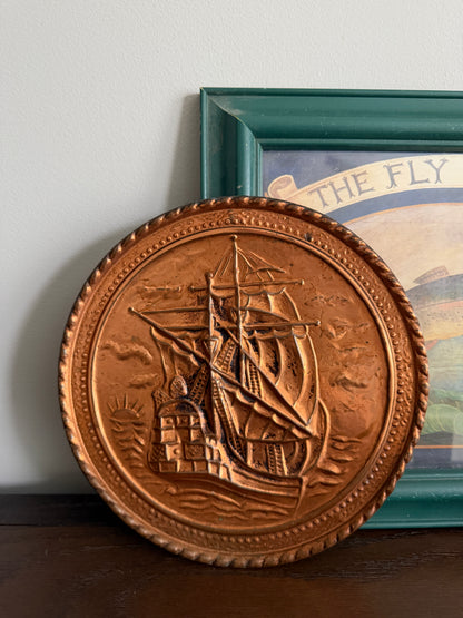 The Galleon — Vintage English Embossed Copper Wall Plaque