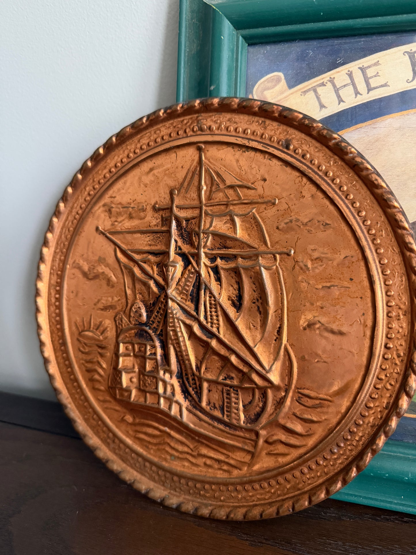 The Galleon — Vintage English Embossed Copper Wall Plaque