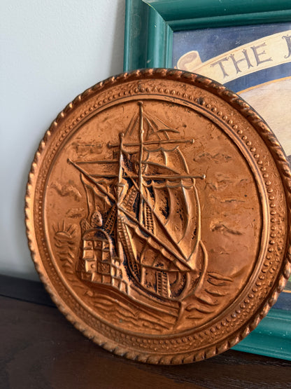 The Galleon — Vintage English Embossed Copper Wall Plaque