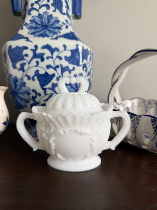 The Sweetheart — Westmoreland Milk Glass Covered Sugar Bowl