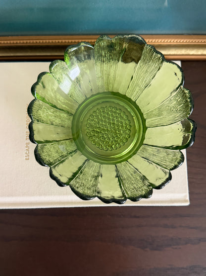 The Sunflower — Vintage Avocado Green Pressed Glass Bowl