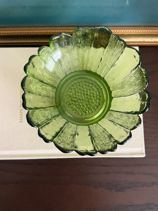 The Sunflower — Vintage Avocado Green Pressed Glass Bowl