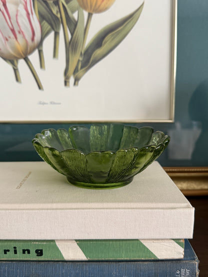 The Sunflower — Vintage Avocado Green Pressed Glass Bowl