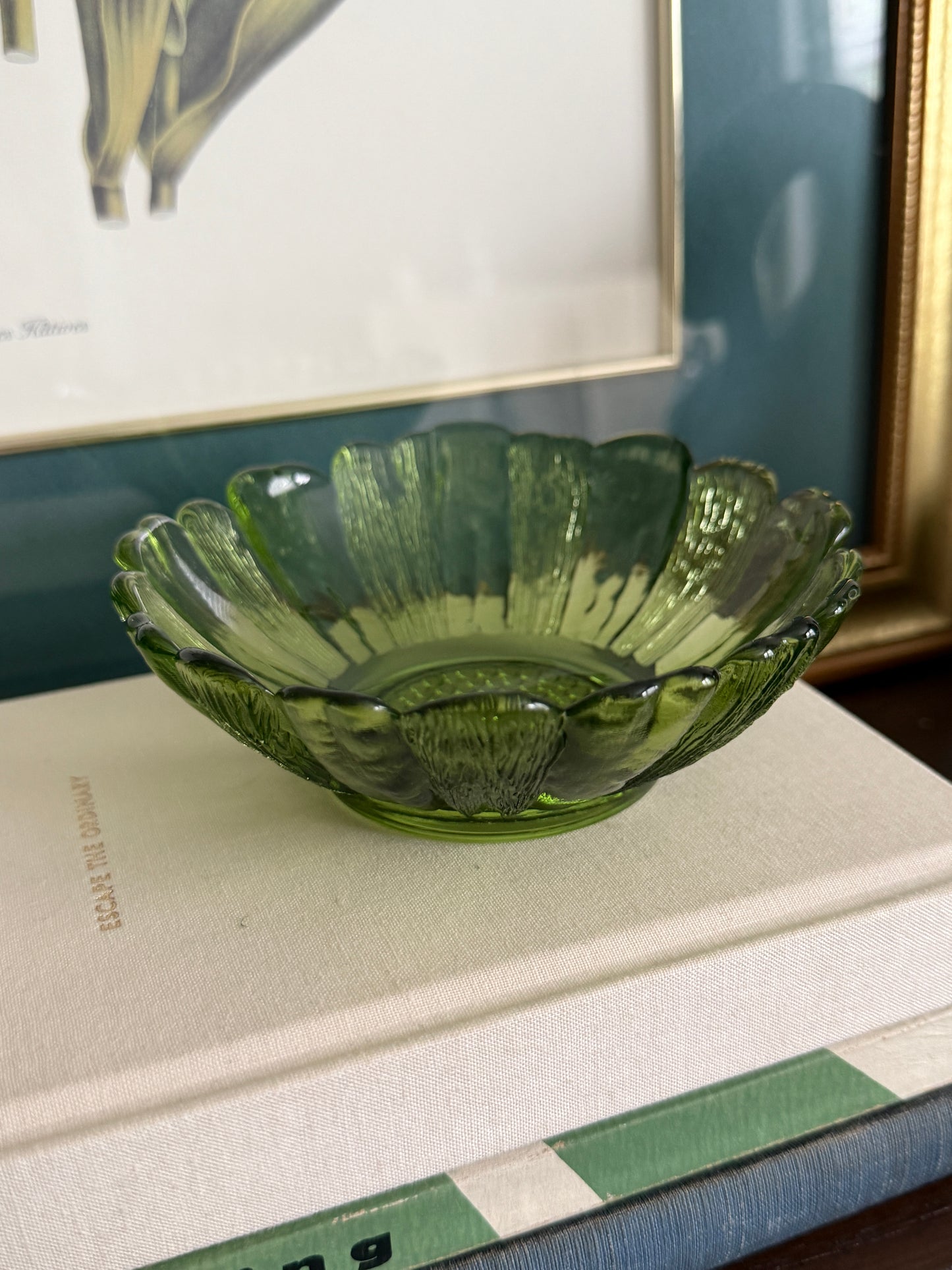 The Sunflower — Vintage Avocado Green Pressed Glass Bowl