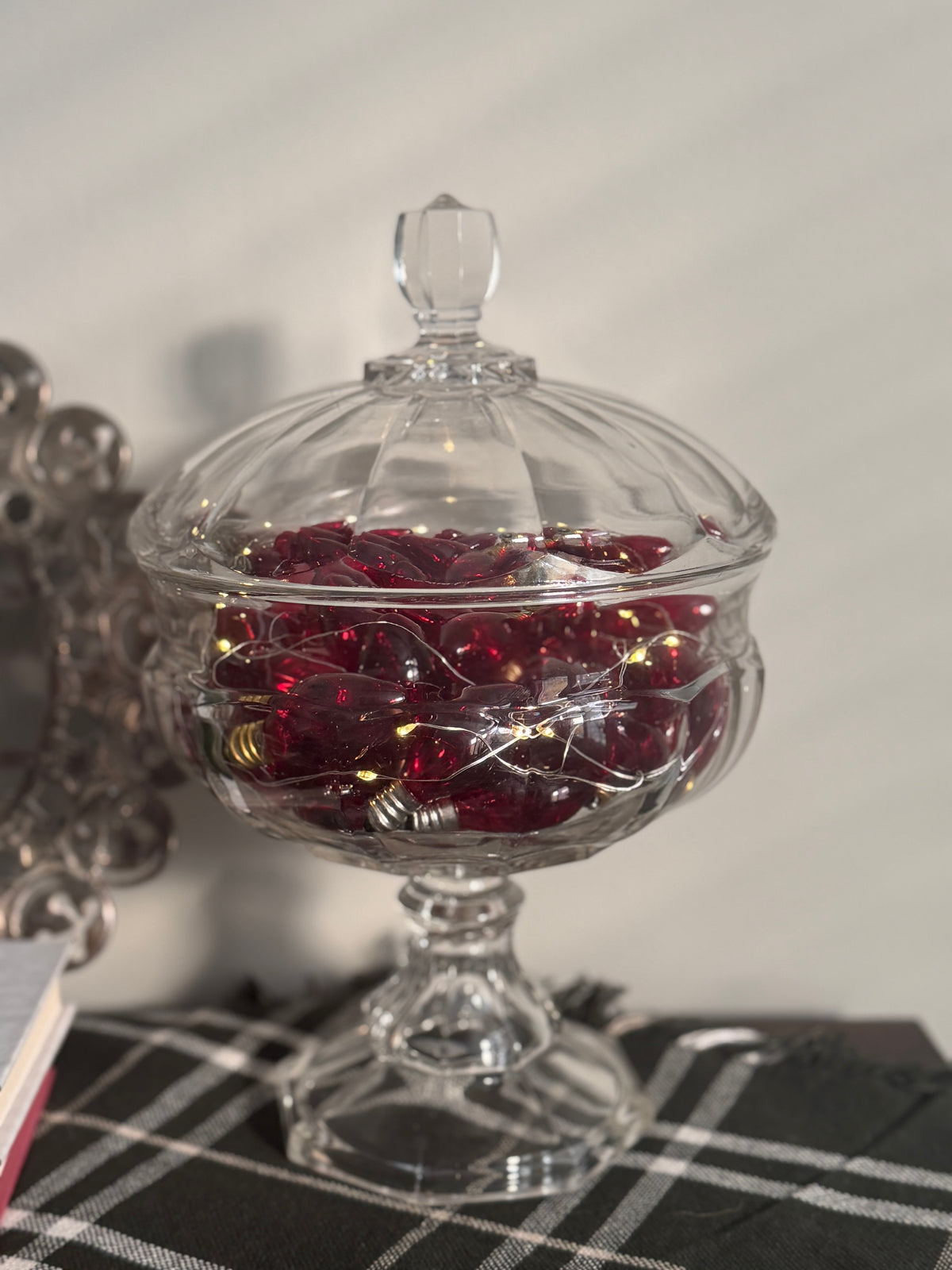 The Porch Lights — Vintage Red Christmas Bulbs in a Lidded Glass Compote