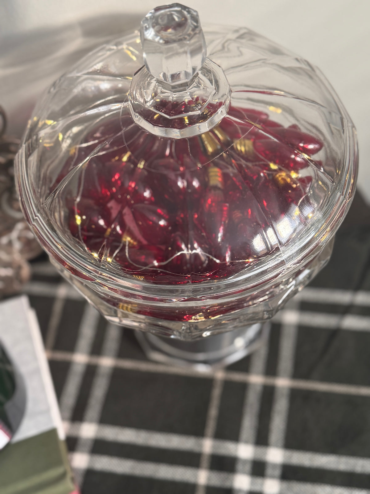 The Porch Lights — Vintage Red Christmas Bulbs in a Lidded Glass Compote