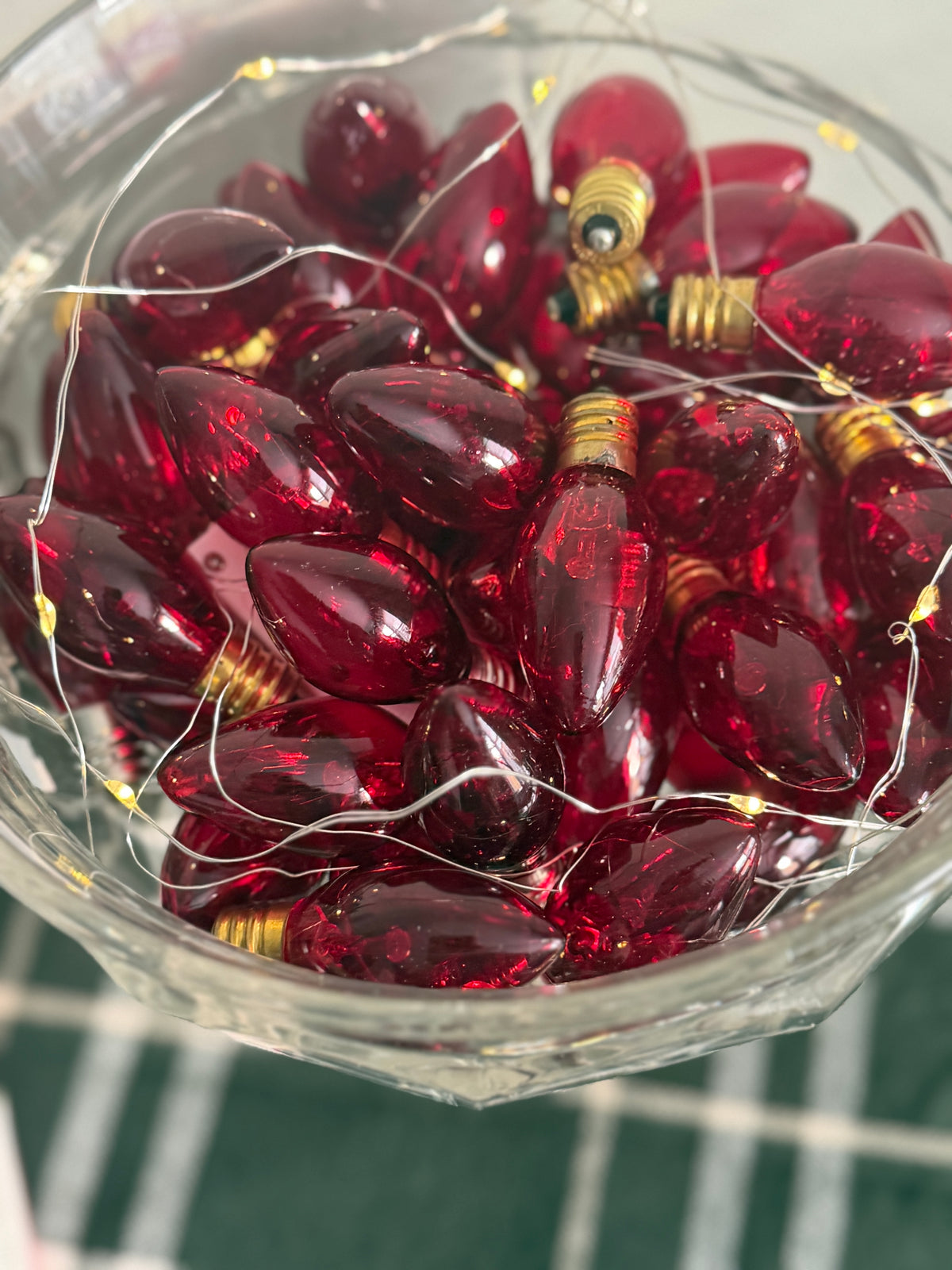 The Porch Lights — Vintage Red Christmas Bulbs in a Lidded Glass Compote