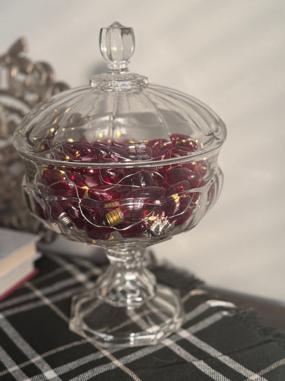 The Porch Lights — Vintage Red Christmas Bulbs in a Lidded Glass Compote