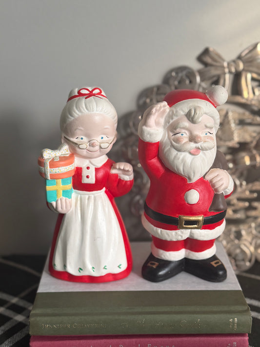 The Clauses — Pair of Hand-Painted Ceramic Santa and Mrs. Claus, 1980