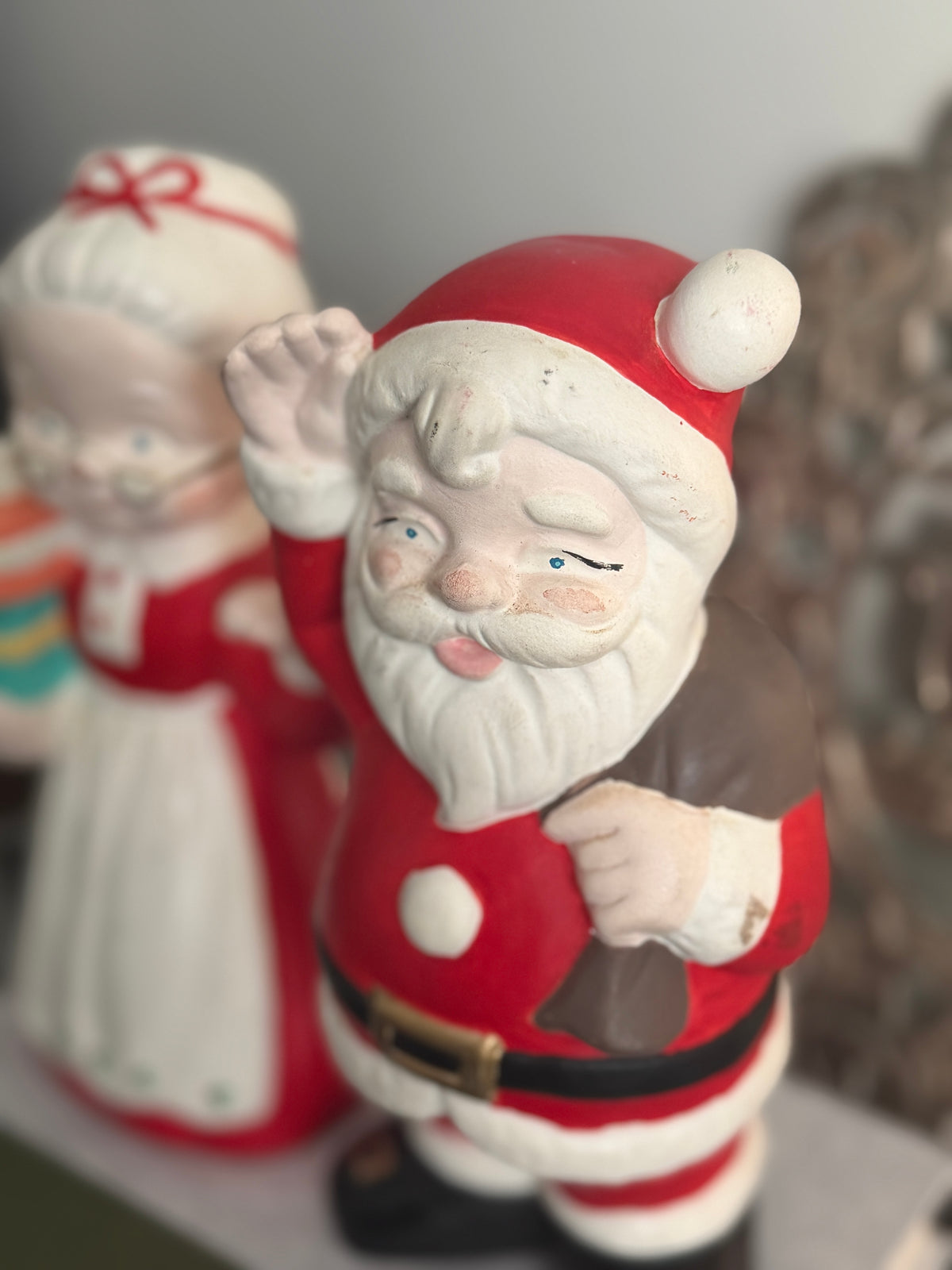 The Clauses — Pair of Hand-Painted Ceramic Santa and Mrs. Claus, 1980