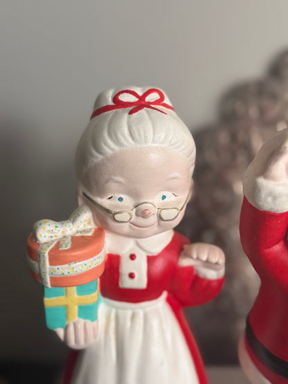 The Clauses — Pair of Hand-Painted Ceramic Santa and Mrs. Claus, 1980