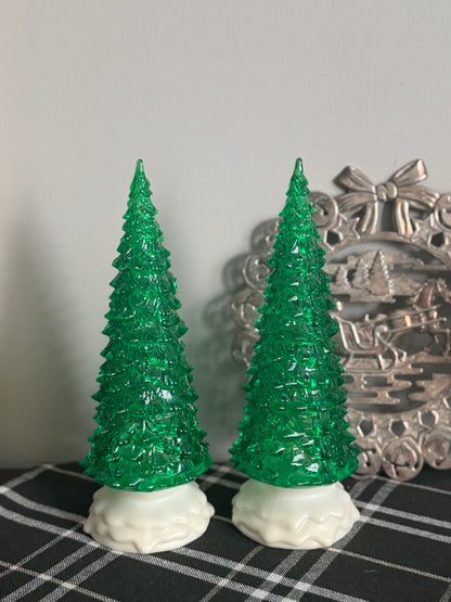 The Evergreens — Pair of Green Acrylic Christmas Trees on Snow Bases