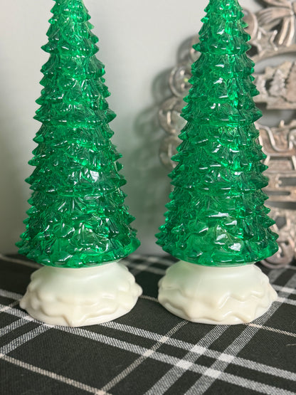 The Evergreens — Pair of Green Acrylic Christmas Trees on Snow Bases